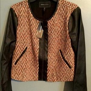 BCBG Max Azria Womens Black Faux Leather Tweed Skirt Jacket Set Mini 2 Piece Two